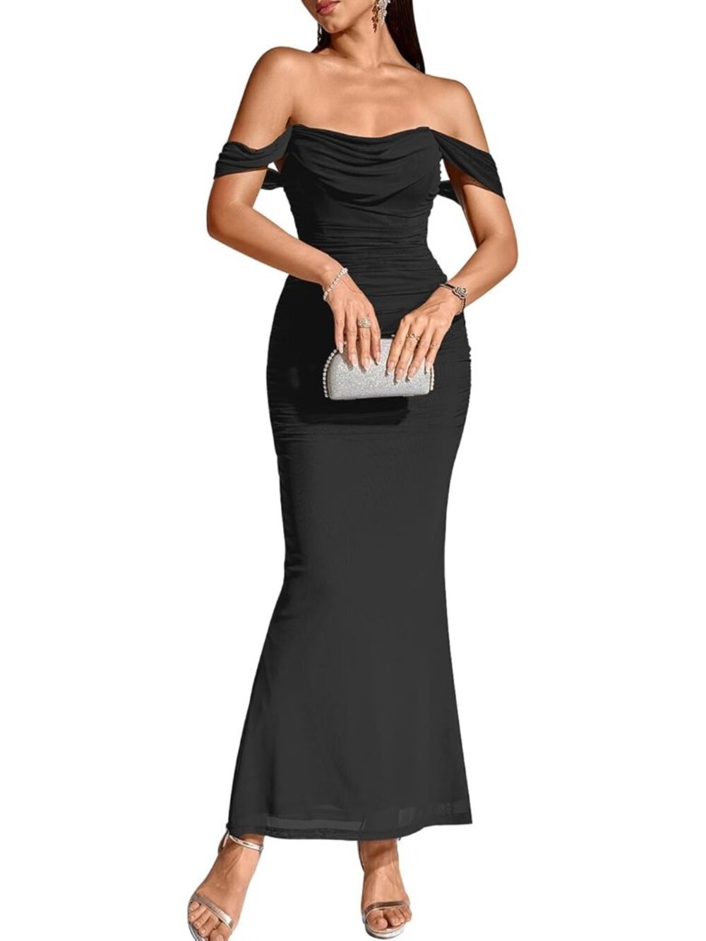 Women's Black Corset Ruched Off The Shoulder Bodycon Cocktail Maxi Dress